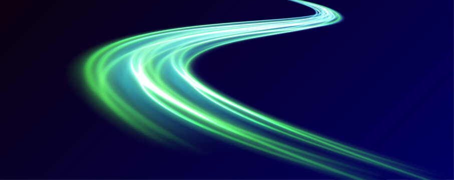 Abstract background in blue, yellow and orange neon colors. Cyberpunk light trails in motion or light slow shutter effect. Acceleration speed motion on night road. Bright sparkling background. 