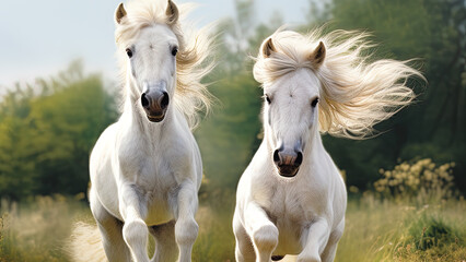 Obraz na płótnie Canvas Two Falabella miniature horses frolicking across a field.