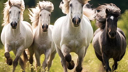 A group of Falabella miniature horses racing across a field.