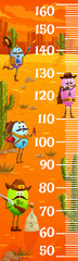 Kids height chart western vitamin cowboy, sheriff, ranger and bandits characters. Vector growth meter with funny B6, A, P and B12 capsules with guns, money sack and dynamite in desert, wall sticker