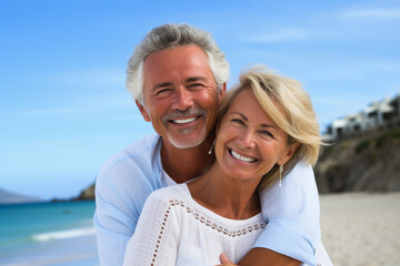 Joyful couple, a man and woman, sharing a loving hug on a beach