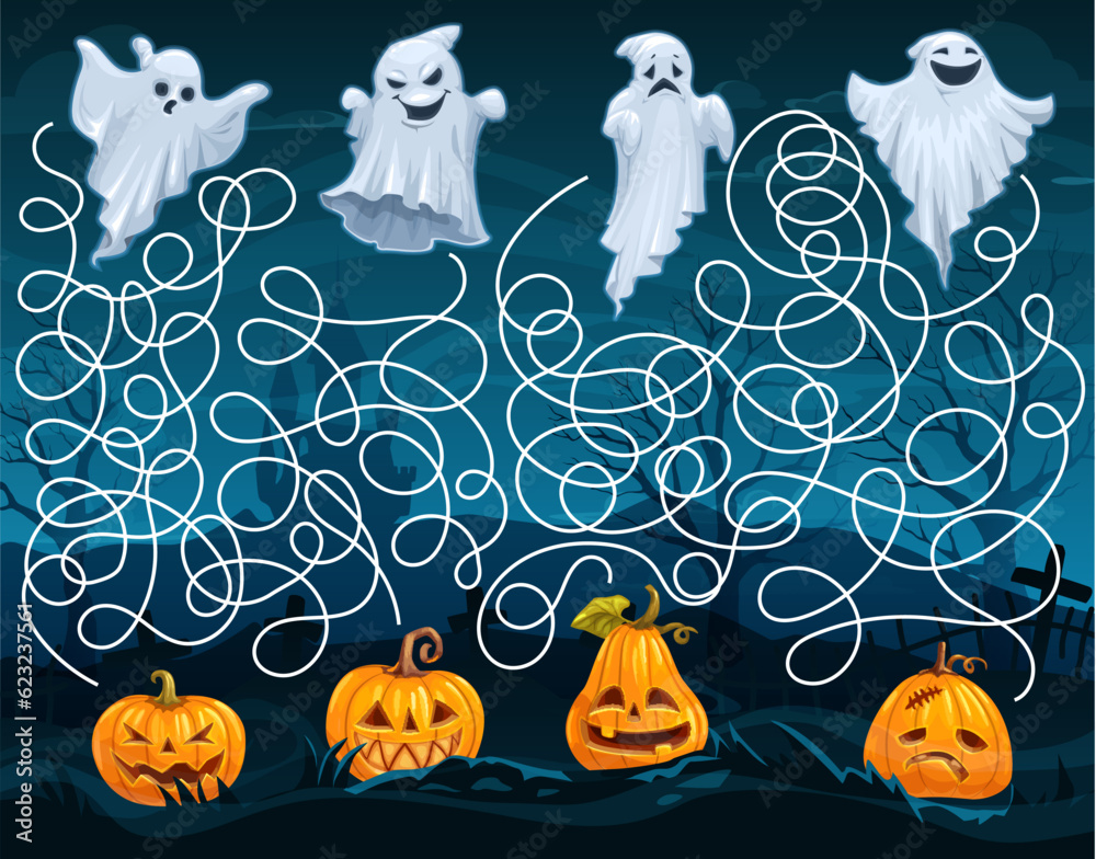 Poster halloween kids labyrinth maze, help to ghosts find the pumpkins. vector board game worksheet with ca