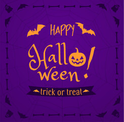 Halloween banner, vector trick or treat greeting card with Happy Halloween lettering, pumpkin lantern, spooks, bats, bones and spider web on purple background. Holiday party celebration spooky banner