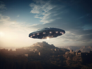 Naklejka na ściany i meble UFO flying over ancient city in night created with Generative AI technology.