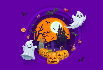 Halloween paper cut cartoon flying ghosts, pumpkins and castle. Halloween holiday vector horror characters in 3d layered papercut round frame with midnight cemetery, spooky haunted house, zombie, bats