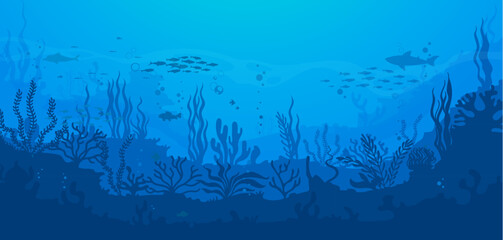 Cartoon underwater sea landscape silhouette with fish shoal and shark in seaweeds, vector background. Undersea or ocean coral reef silhouette landscape with dolphin in deep water of sea bottom - obrazy, fototapety, plakaty