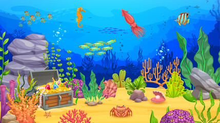 Naklejka na ściany i meble Cartoon underwater landscape, sea game level with seaweeds, animals and treasure chest, vector background. Ocean adventure and coral reef world game level with sea landscape, fishes, squid and crab