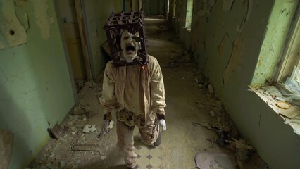 Ghost of maniac with cage on his head dragging dead body down corridor of asylum