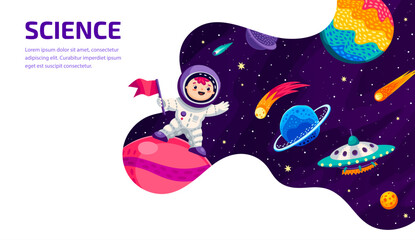 Space galaxy landing page with cartoon astronaut, UFO and space planets, vector website background. Kid spaceman adventure or galaxy education landing page with alien planets in cosmic starry sky - obrazy, fototapety, plakaty
