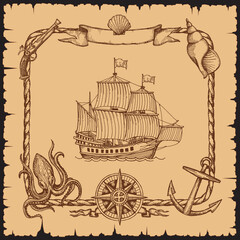 Vintage pirate vessel ship with rope frame or border sketch. Vector antique nautical map compass wind rose, anchor, sailboat, octopus monster and gun. Ancient caravel or frigate with sails, flags