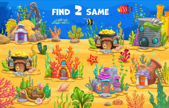 Find two same fairytale underwater houses in kids game worksheet, vector puzzle quiz. Find and match same pictures of ocean cartoon dwellings in corals, vase pot or cauldron and undersea stone hut