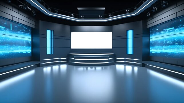 Tv Studio. News studio. News room. Modern living room interior design. Backdrop for video or photo production. Generative AI technology.