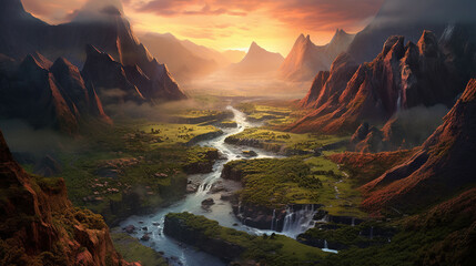  a painting of a river flowing through a valley surrounded by mountains.  generative ai
