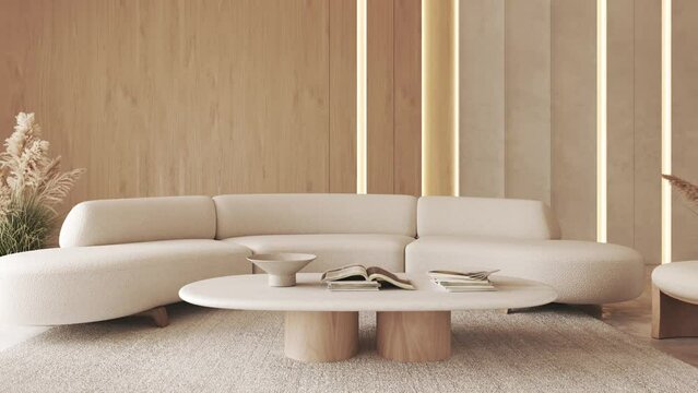 Modern villa livingroom design interior with dry plants, beige furniture, table and sofa. Bright walls panels with lighting. 3d rendering illustration. 3d visualization. High quality 4k footage video