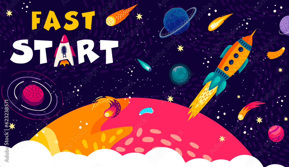 Leinwandbilder fast business start. space rocket launch with chemtrail clouds. spaceship on planet orbit. vector sp