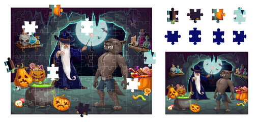 Jigsaw puzzle game pieces. Halloween werewolf, pumpkins and sorcerer in cave. Right fragment match game, shape find quiz vector worksheet with scary wizard or mage, ghoul monster Halloween personages