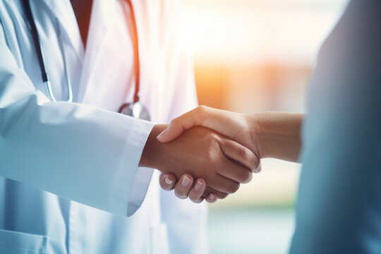 Doctor in hospital shaking hands with patient. Health care visit to medical clinic with agreement handshake