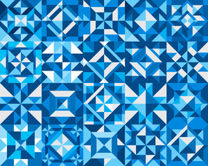 White and light blue ceramic tile pattern. Bathroom, metro or subway floor ceramic tile vector backdrop. House interior wall wallpaper or background with white and blue triangles, squares pattern