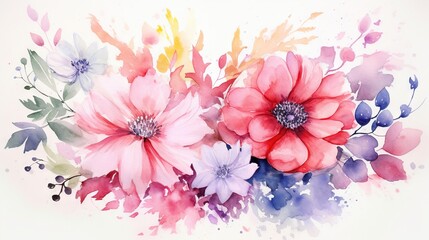  a watercolor painting of pink and purple flowers on a white background.  generative ai