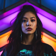 Asian woman fashion portrait on abstract colorful background. Female model looking at camera, neon colored lighting. Created with Generative AI