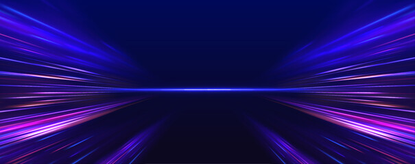 Panoramic high speed technology concept, light abstract background. Image of speed motion on the road. Abstract background in blue and purple neon glow colors.  - obrazy, fototapety, plakaty