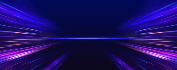 Foto op Plexiglas Panoramic high speed technology concept, light abstract background. Image of speed motion on the road. Abstract background in blue and purple neon glow colors.  © ikril