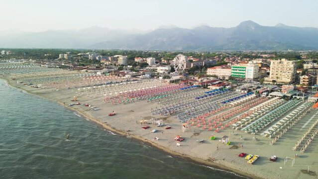 Aerial view of Lido di Camaiore and Viareggio Beach at summer sunset, Tuscany