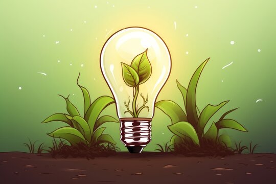 Cartoon Light Bulb with Sprouting Plant of Ideas. AI generated