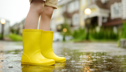 Little boy wearing yellow rubber boots walking on rainy summer day in small town. Child having fun....
