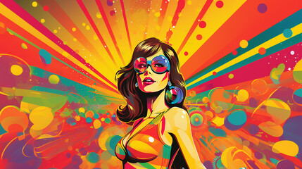 Disco diva retro lady. Pop art illustration. Girl wearing sunglasses,  Created using generative AI tools.
