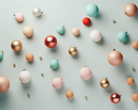 Creative festive flat lay composition with multicolored pastel Christmas balls arranged on a minimal background. Generative AI.