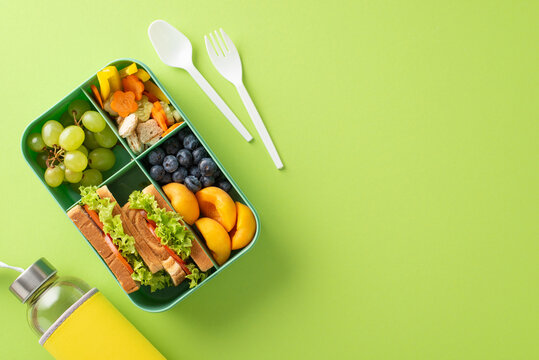 Wholesome snack arrangement for school. Top view featuring lunchbox with variety of fresh fruits, vegetables, sandwiches, berries, water bottle, cutlery on soft green surface, perfect for text or ads
