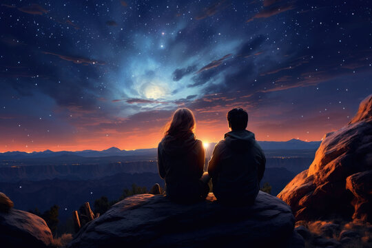 Couple sitting by the campfire in the desert under the big starry sky. Generative AI