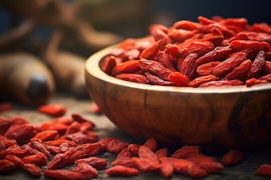 Red dry goji berries in a wooden bowl. Generative AI