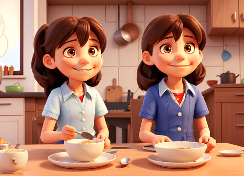 Two teenage girls sitting at the table in the kitchen eating porridge, happy and smiling, in cartoon 3d style