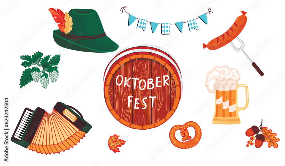 Wall mural Oktoberfest elements and symbols in color isolated on white background.Bavarian hat,harmonica,glass of beer, sausage,pretzel,hop sprig.Keg with hand drawn text.Autumn vector illustration in flat.
