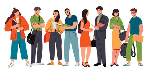 Fototapeta premium Set of standing people in different poses.Group of students with backpacks and bags. Office workers with books and folders.Young men and women communicating.Vector flat illustration isolated on white.