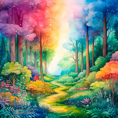 Watercolor style landscape rainbow forest. Rainbow fairy background