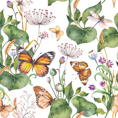 Seamless pattern with wildflowers, green leaves and butterflies. Watercolor illustration on white background. - 623243112