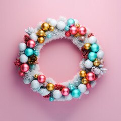 Flatlay composition with a wreath of colorful shiny New Year's decorations and spruce and fir branches and cones. Generative AI.