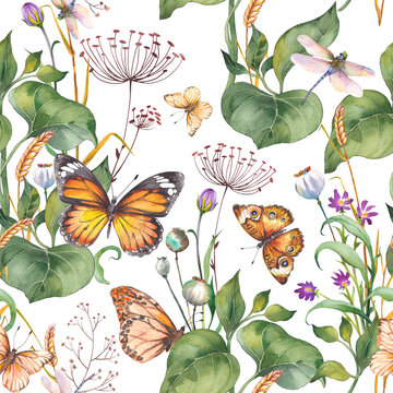 Seamless pattern with wildflowers, green leaves and butterflies. Watercolor illustration on white background. © JeannaDraw