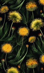 Beautiful Dandelion flowers in a botanical pattern, growing in yellow, white, and orange colors.