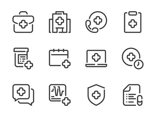 Healthcare vector line icons. Clinic and Hospital outline icon set. Ambulance, Medicine, Health, Medical service, First Aid and more.