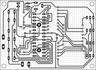 Electric background. Vector pcb pattern. 
Printed circuit board of an electronic 
device with
conductors and contact pads placed on it. 
Engineering drawing with grid.