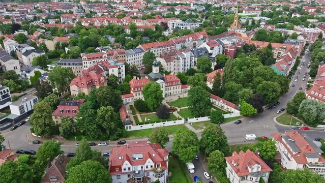 Drone shot of Gohlis Palace ( Gohliser Schlösschen ) in leipzig , Germany