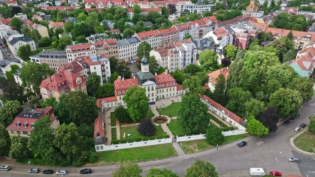 Drone shot of Gohlis Palace ( Gohliser Schlösschen ) in leipzig , Germany