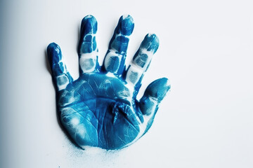 Blue hand print on white background, paint handprint