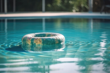 Pool ring float in swimming pool, water reflections in swimming pool summer
