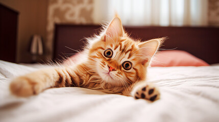 Cute ginger maine coon kitten lying on bed at home. selective focus.