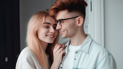 Happy young couple wife and husband in a new apartment, celebrating new purchase. Buying real estate. Generative Ai technology.